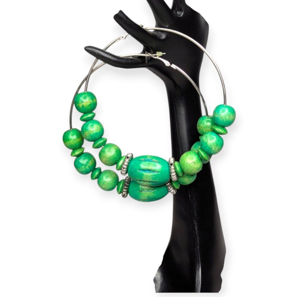Extra Large Green Wooden Beaded Earrings on Silver Tone Hoops 4 1.2" BOHO
